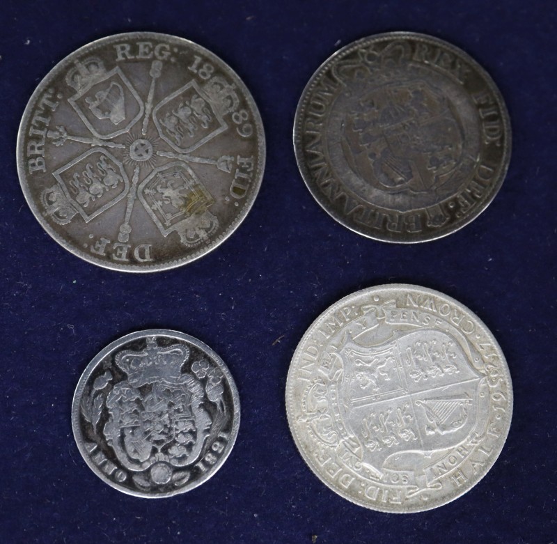 A George V silver florin, 1917 NEF, 1889 half crown, 1819 florin and 1821 shilling